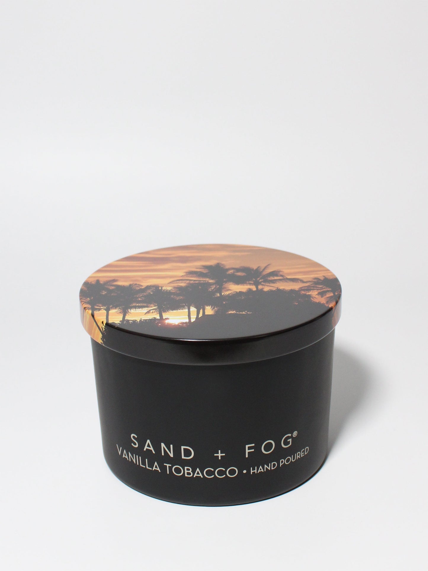 Vanilla Tobacco 12 oz scented candle Black vessel with Landscape Photo lid
