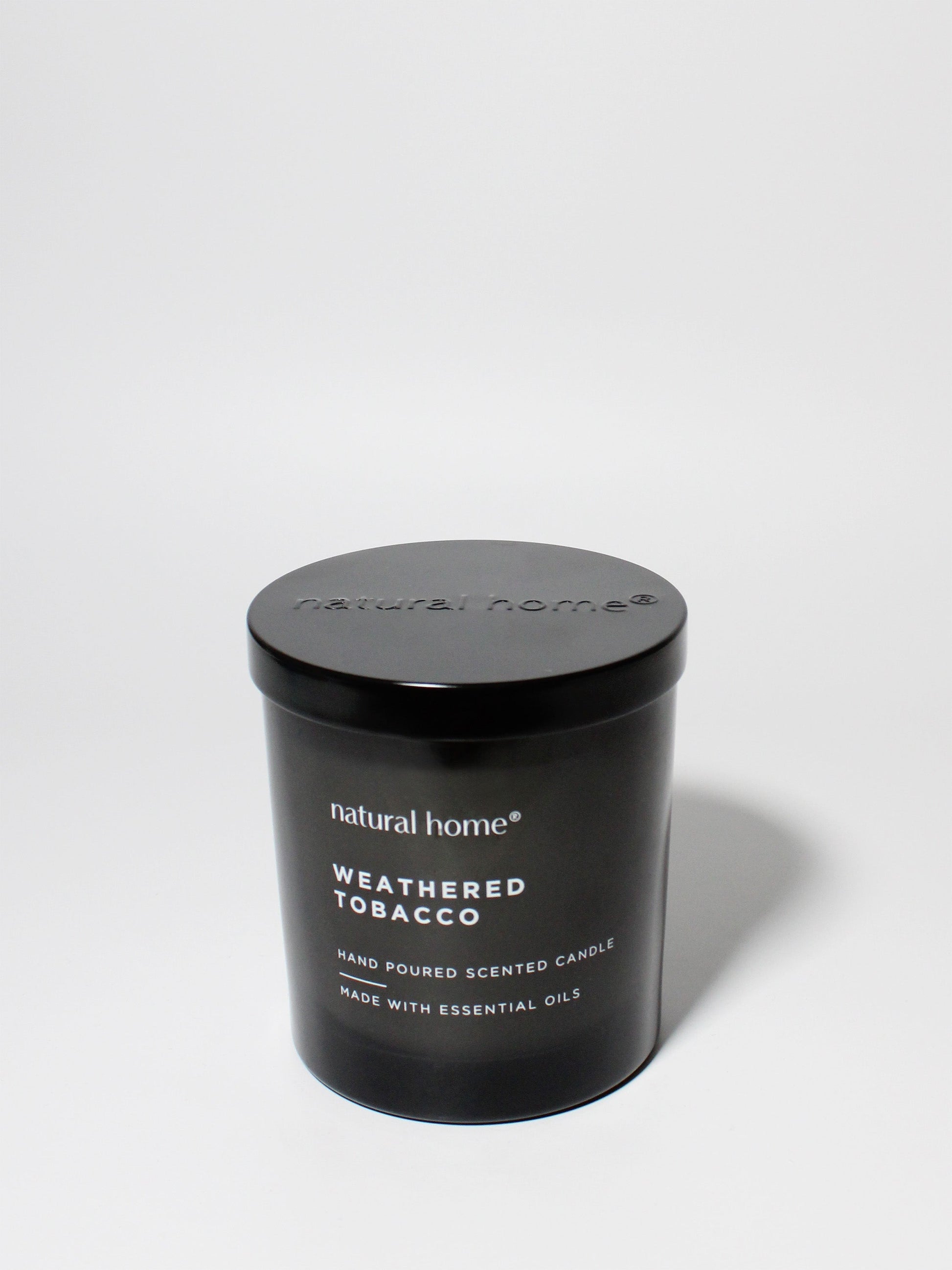 Weathered Tobacco Natural Home 11.5 oz scented candle Black vessel with metal lid