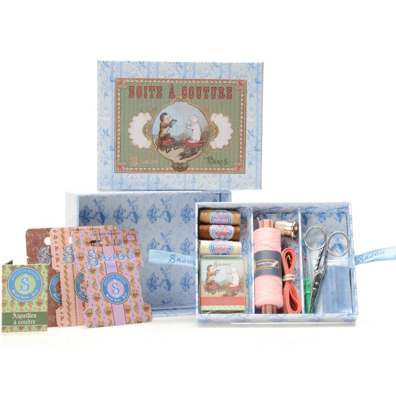 Sajou Complete Sewing Set Cat and Dog (1 set) open showing all contents andbox