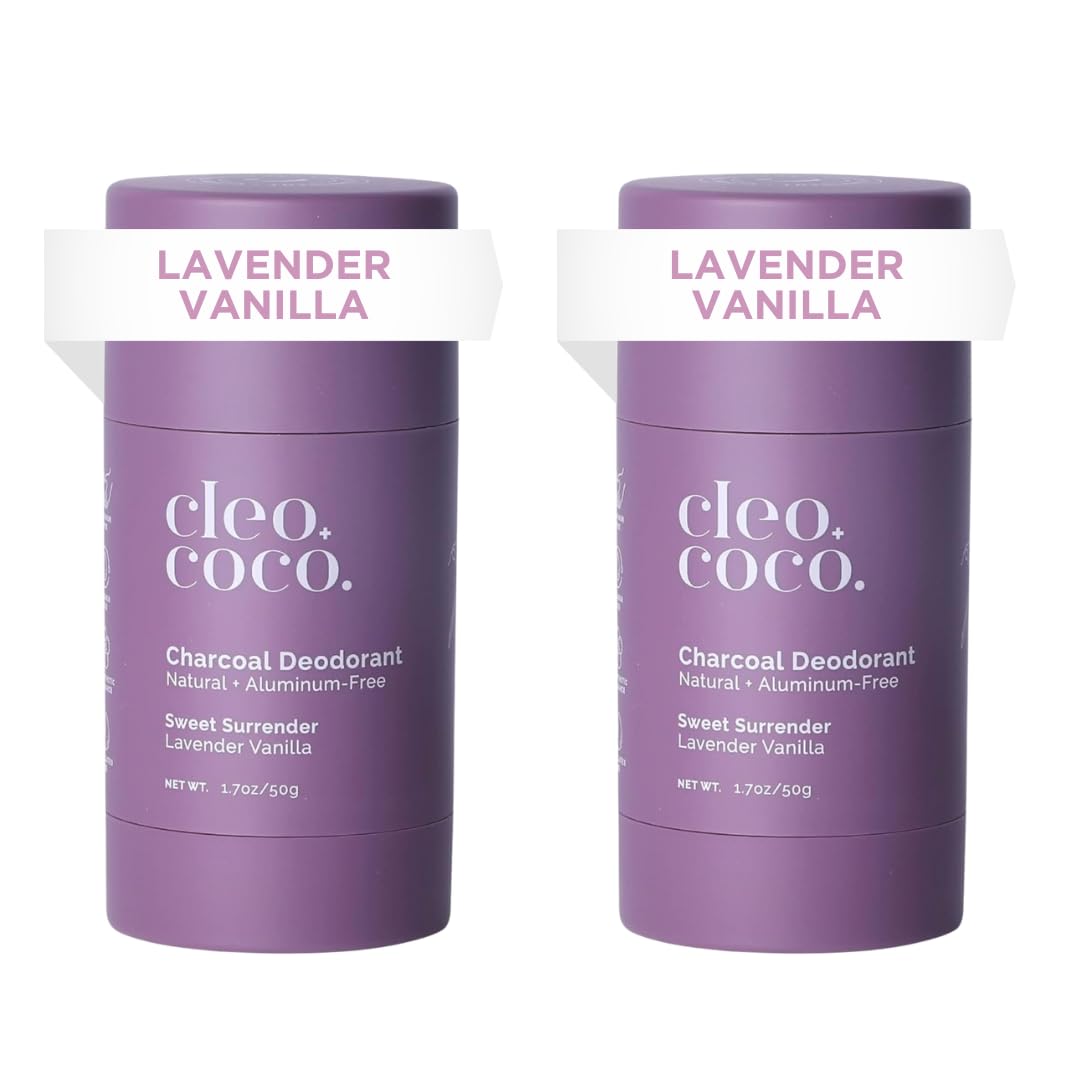 Cleo+Coco - Natural Deodorant - For Women & Men - Aluminum Free - Extra Strength - Activated Charcoal - 24hr Odor Protection - Cruelty Free - PCR - Made in USA - Lavender Vanilla - 2 Pack - 1.7oz