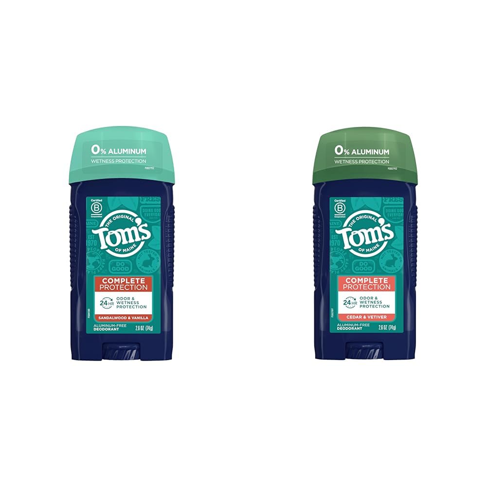 Tom's of Maine Complete Protection Aluminum-Free Natural Deodorant for Men Bundle, 2.6 oz, Sandalwood & Vanilla and Cedar & Vetiver Scents