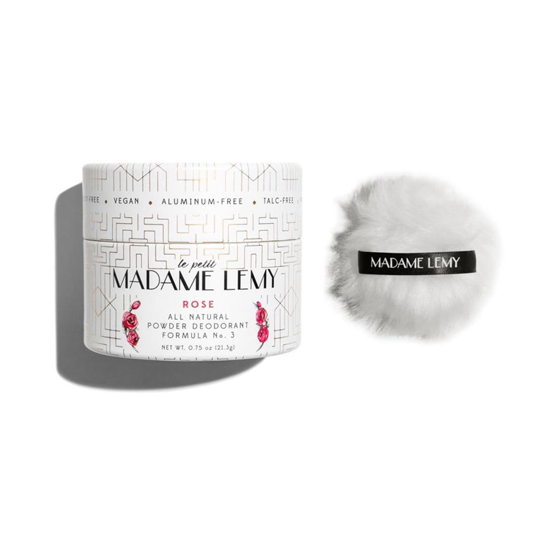 Madame Lemy Talc-Free Powder - Multi-Purpose Deodorant & Body Powder- All-Natural, Aluminium-Free, Vegan & Plastic-Free - Luxurious Puff & Container - Anti-Chafing Formula | Rose, 0.75 oz