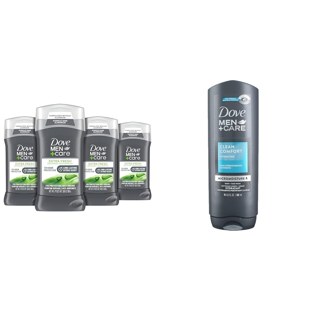 Dove Men+Care Deodorant Stick for Men Extra Fresh 4 Count Aluminum Free 3 oz & Body and Face Wash Clean Comfort 4 Count for Healthier and Stronger Skin Effectively Washes Away Bacteria
