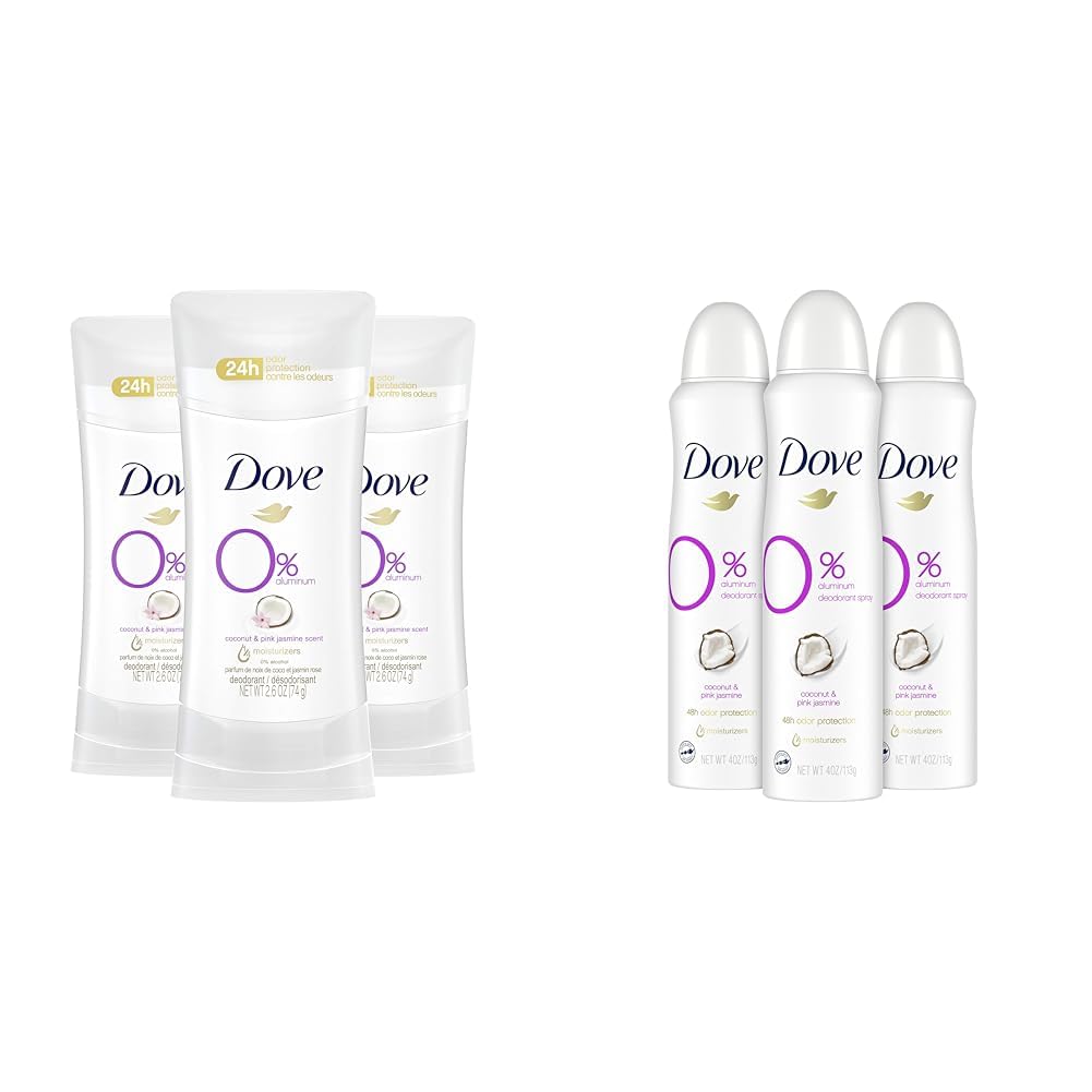 Dove Aluminum Free Deodorant for Women 24-Hour Odor Protection, Coconut and Pink Jasmine & 0 percent Deodorant Spray For 48 Hour Protection Coconut and Pink Jasmine Aluminum