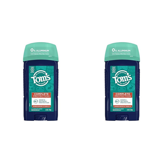 Tom's of Maine Complete Protection Aluminum-Free Natural Deodorant for Men, Sandalwood & Vanilla, 2.6 oz (Pack of 2)