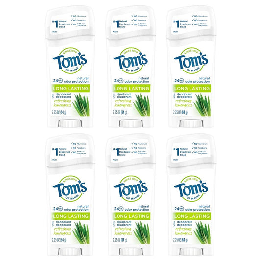 Tom's of Maine Long Lasting Deodorant,Refreshing Lemongrass, 2.25 Ounce, Pack of 6