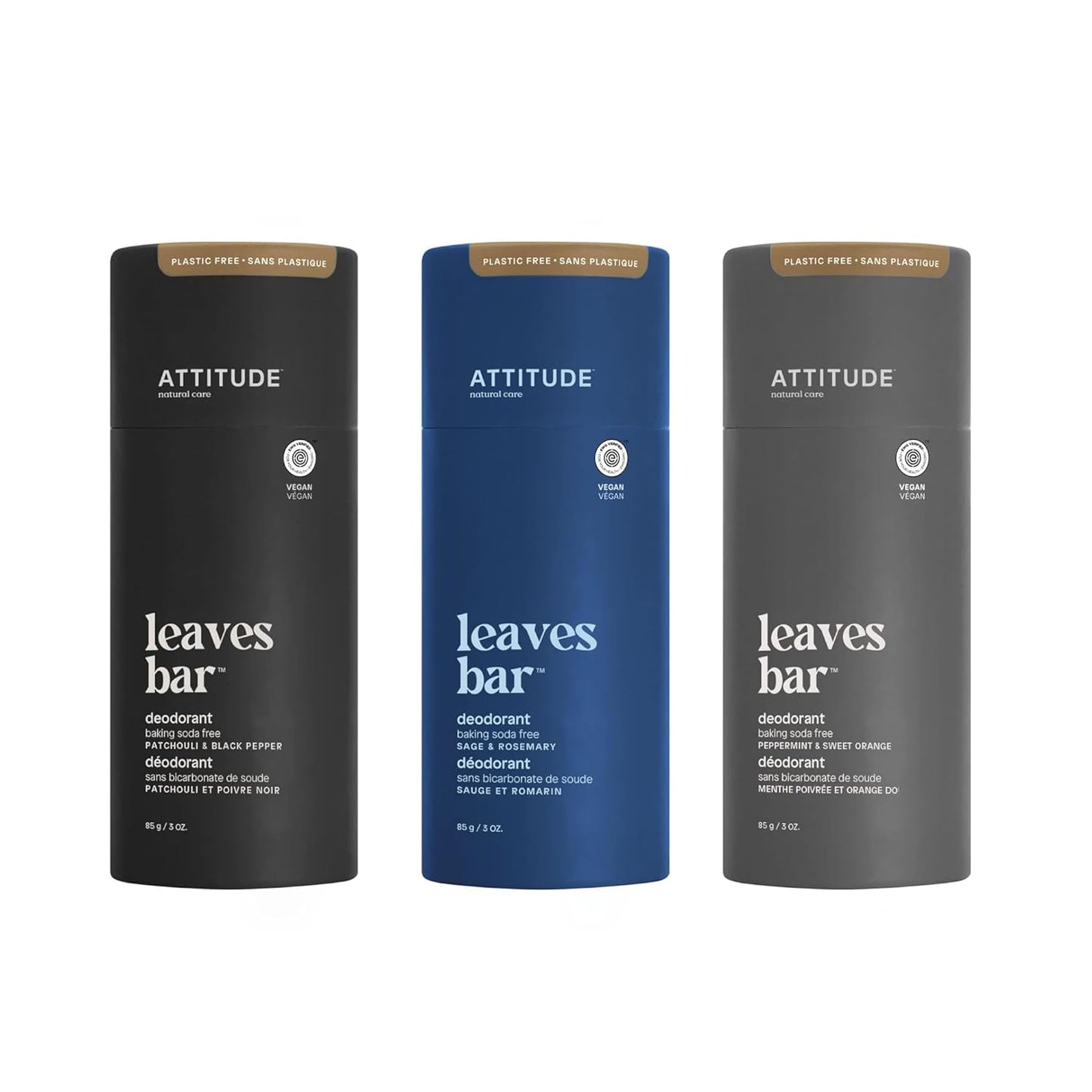 Bundle of ATTITUDE 3 Plastic-Free Deodorants, Aluminum Free, Baking-Soda Free, EWG Verified Body Care, Vegan, 3 Ounces, Sage and Rosemary+ Patchouli and Black Pepper + Peppermint and Sweet Orange