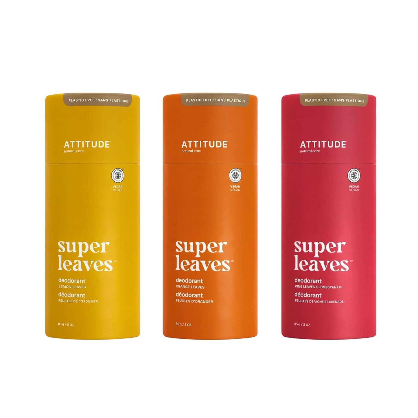 Bundle of ATTITUDE Plastic-Free Deodorant, EWG Verified, Aluminum-Free, Dermatologically Tested, Plant and Mineral-Based, Vegan, 3 Ounces, Lemon Leaves + Red Vine Leaves + Orange Leaves