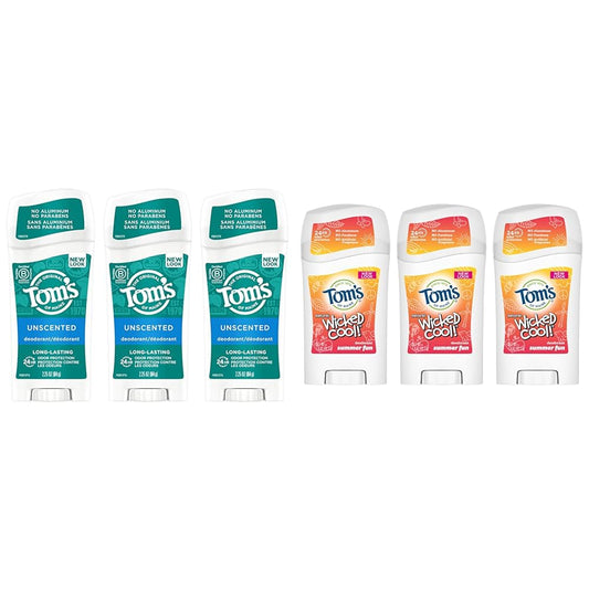 Tom's of Maine Long-Lasting Aluminum-Free Natural Deodorant for Women, Unscented, 2.25 oz. 3-Pack & Aluminum-Free Wicked Cool! Natural Deodorant for Kids, Summer Fun, 1.6 oz. 3-Pack