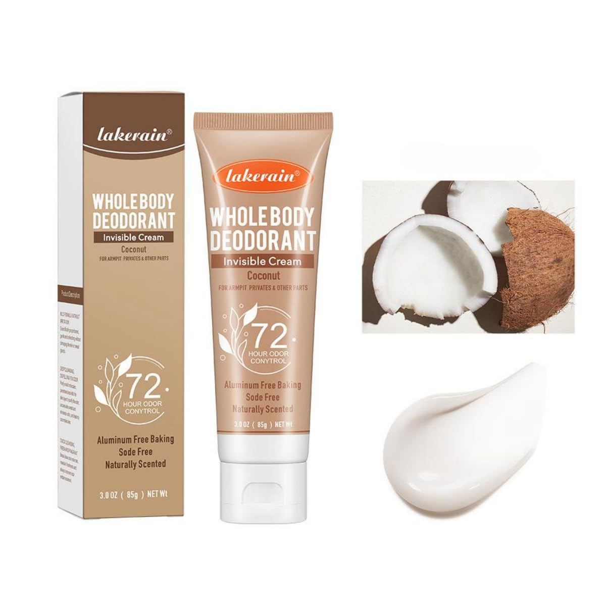 Mysense Whole Body Deodorant Invisible Cream Tube For Body Odor Removing Skin Safe and 72 Hour Odor Control 3 Ounce (02 Coconut)