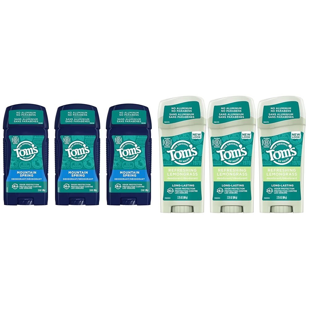 Tom's of Maine Aluminum-Free Natural Deodorant Bundle for Men and Women, 2.8 oz. Men's 3-Pack Mountain Spring and 2.25 oz. Women's 3-Pack Lemongrass