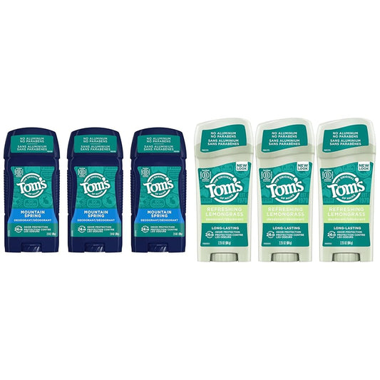 Tom's of Maine Aluminum-Free Natural Deodorant Bundle for Men and Women, 2.8 oz. Men's 3-Pack Mountain Spring and 2.25 oz. Women's 3-Pack Lemongrass