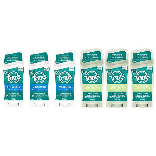 Tom's of Maine Long-Lasting Aluminum-Free Natural Deodorant for Women Unscented and Lemongrass 2.25 oz. 3-Packs