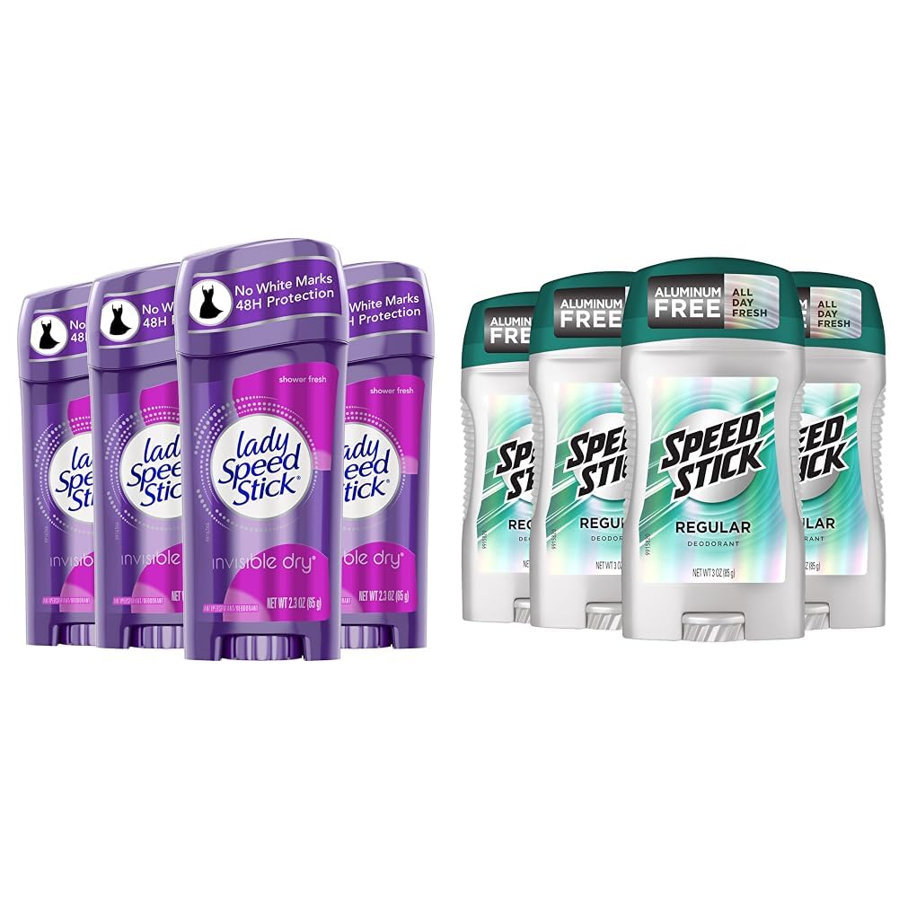 Lady Speed Stick Invisible Dry Antiperspirant Deodorant, Shower Fresh, 2.3oz, 4 Pack & Speed Stick Men's Deodorant, Regular, 3 Ounce, 4 Pack