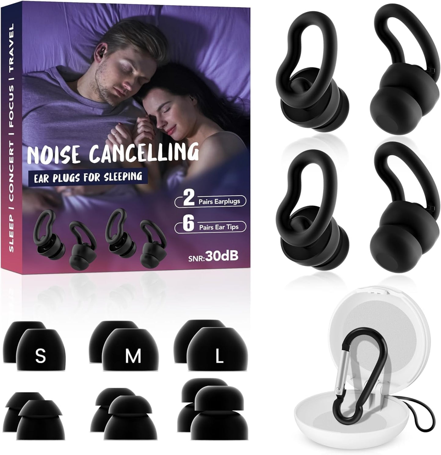 Noise Cancelling Ear Plugs for Sleeping - 2 Pairs Reusable Soft Silicone Noise Block Earplugs for Sound Proof, 30db Noise Reduction Earplug, Snoring Blocking, Concert.