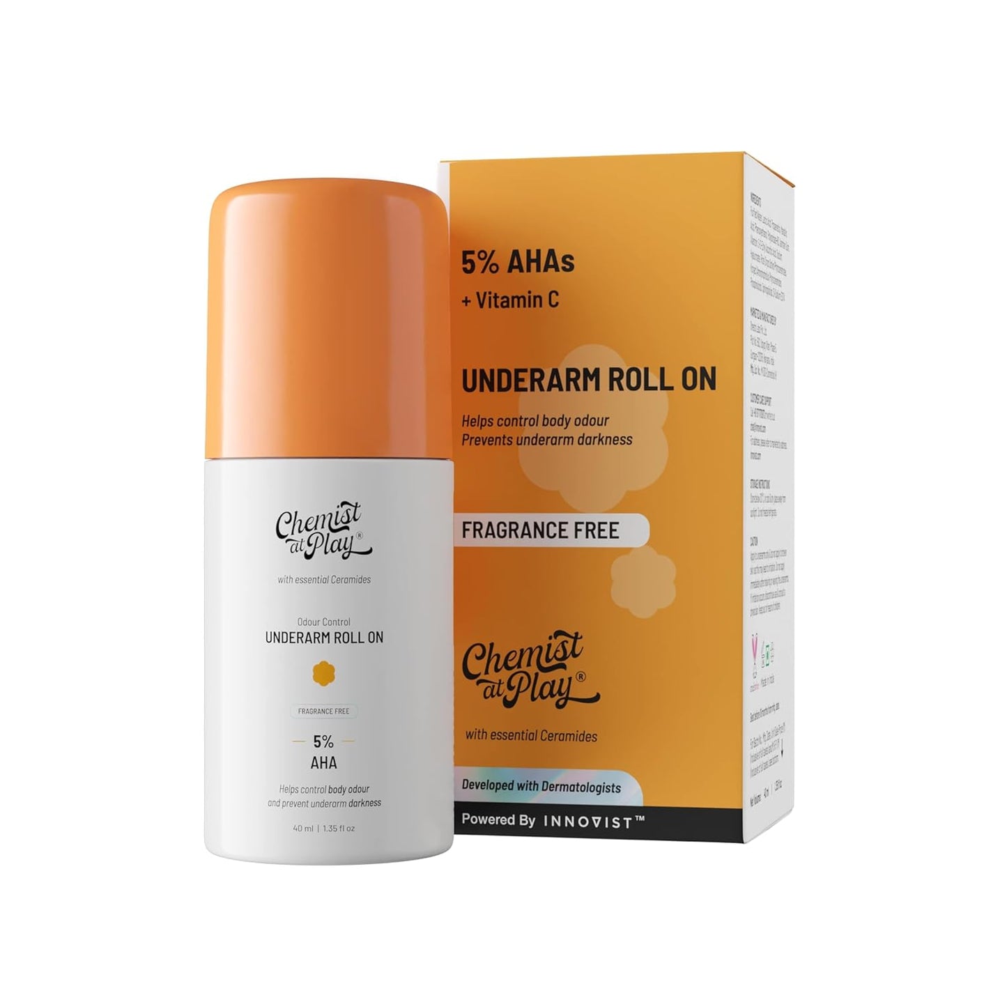 UnderArm Roll-On with 5% Lactic Acid 1% Mandelic Acid | Prevents Odour Brightens Skin & Exfoliates Underarm | Fragrance-Free for Sensitive Skin | Alcohol & Aluminium Free | 1.3 Ounce