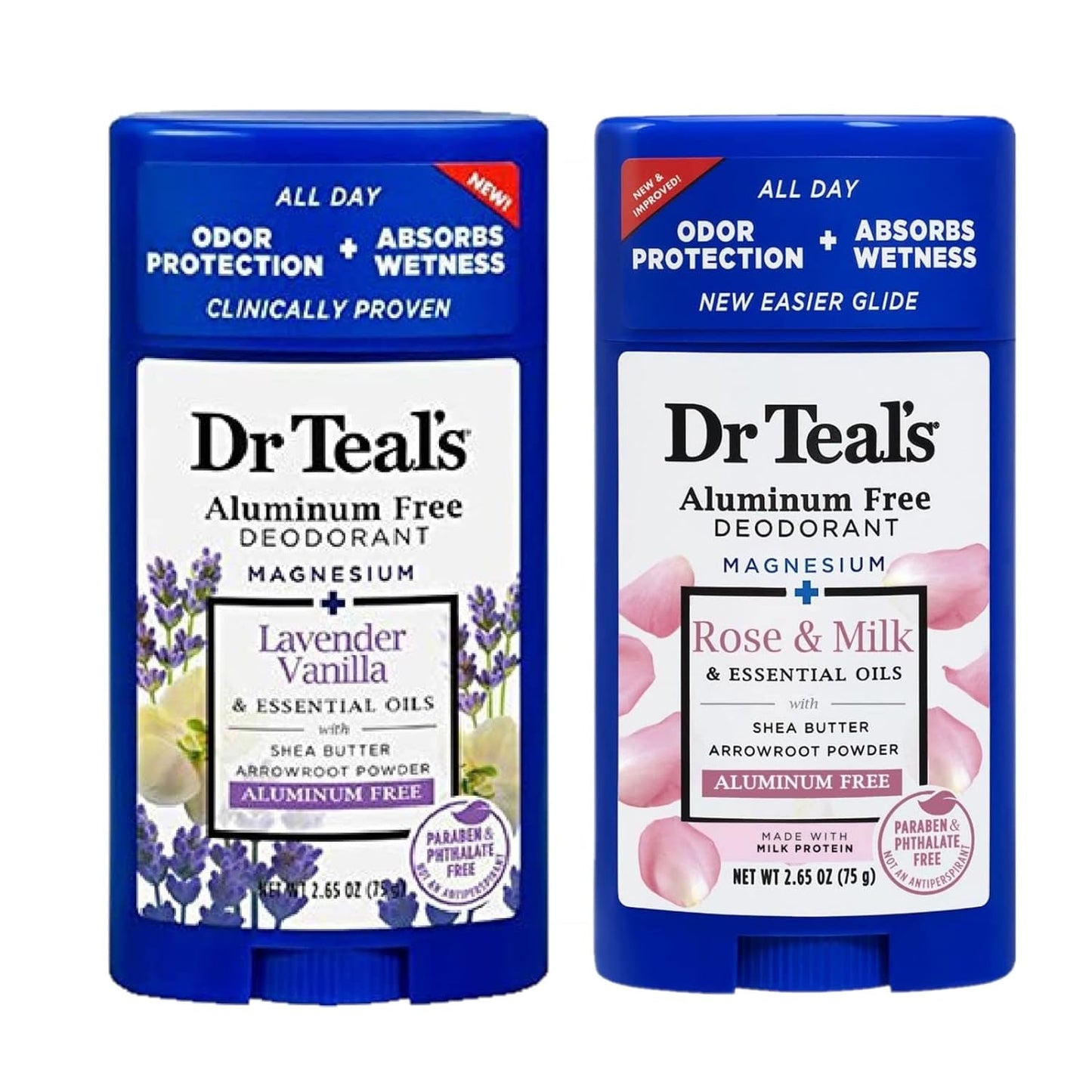 Dr. Teals Deodorant Variety Gift Set (2 Pack, 2.65oz Ea.) - Vanilla Lavender & Rose & Milk - Essential Oils, Shea Butter & Magnesium Help Absorb Moisture & Keep Skin Clean & Healthy