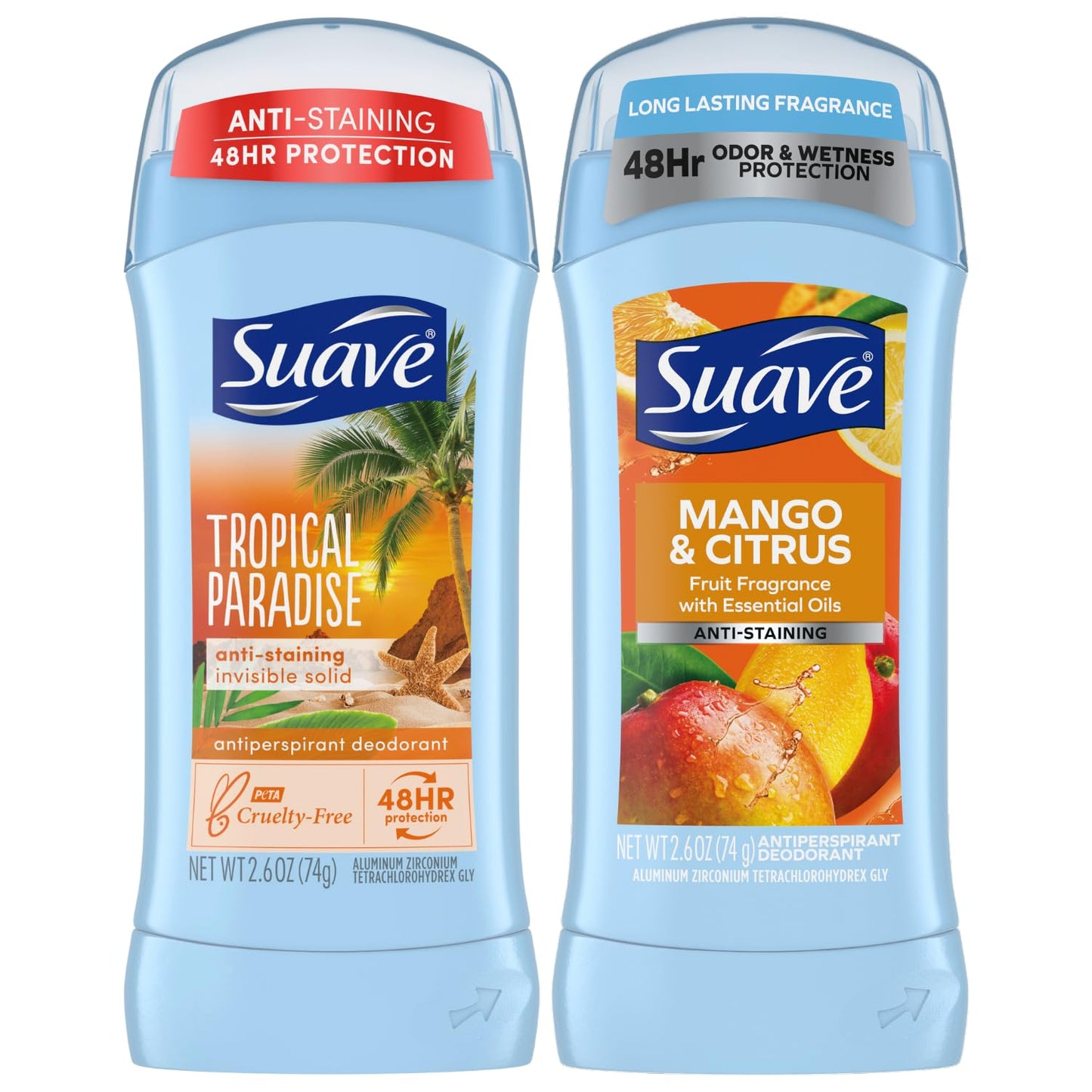 Suave Deodorant Antiperspirant for Women, Variety Pack – Tropical Paradise + Mango & Citrus, Invisible Solid, 48H Protection, Anti-Staining, 2.6 Oz Ea (2 Piece Set)