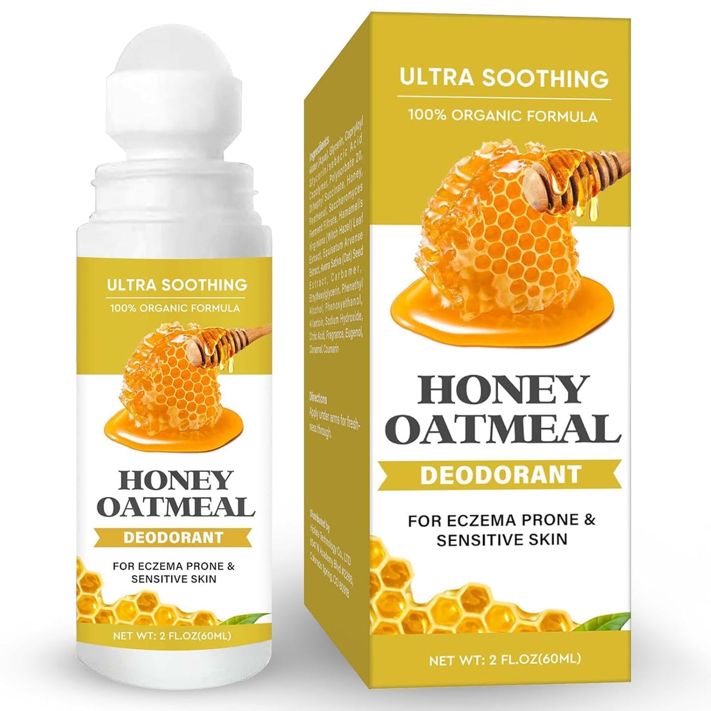 Deodorant Roll-On for Women & Men, Aluminum Free, Natural Honey Deodorant for Eczema Prone & Sensitive Skin, 2 Fl Oz
