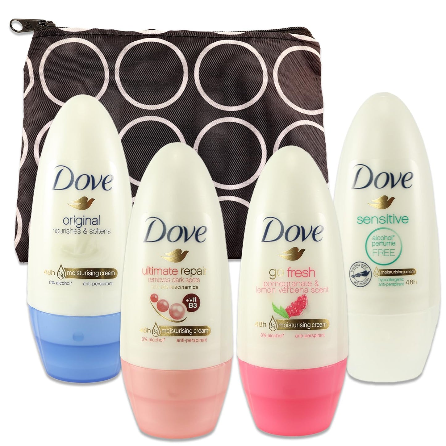 Dove Roll on Deodorant Variety Pack - Dove Deodorant Variety Pack Bundle with 4 Travel Size Deodorant Dove Roll On with 1.4 oz Plus Travel Bag | Original, Fresh Scent, Sensitive Skin, Ultimate Repair