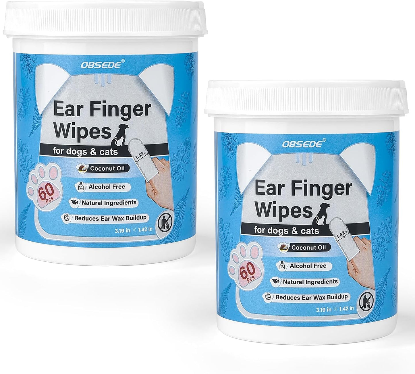 OBSEDE Ear Cleaner Finger Wipes, Grooming Kit Care for Dogs and Cats Regular Soothing Odor Control Reduce Dirt Wax Build Up Pet Supplies Easy to Use Fresh Coconut Scent, 120 Count