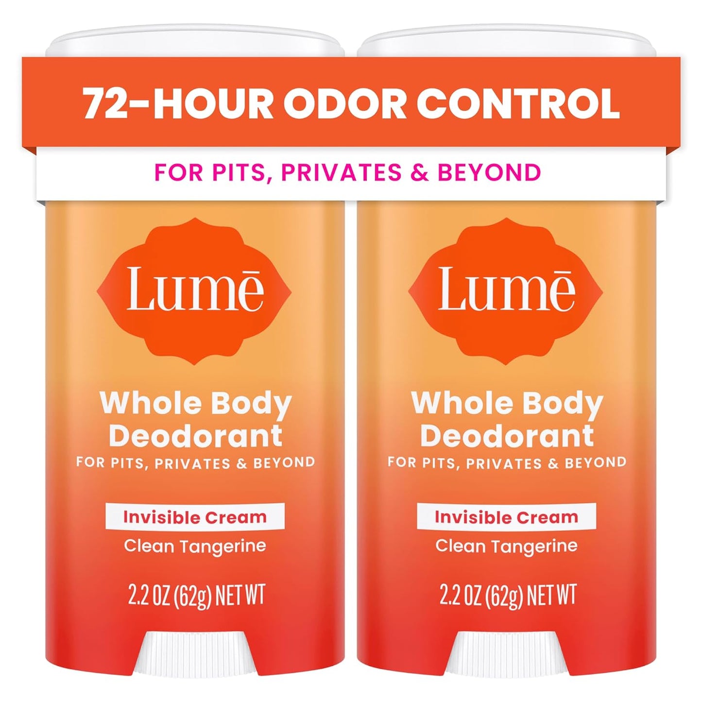 Lume Whole Body Deodorant - Invisible Cream Stick - 72 Hour Odor Control - Aluminum Free, Baking Soda Free, Skin Safe - 2.2 Ounce (Pack of 2) (Clean Tangerine)