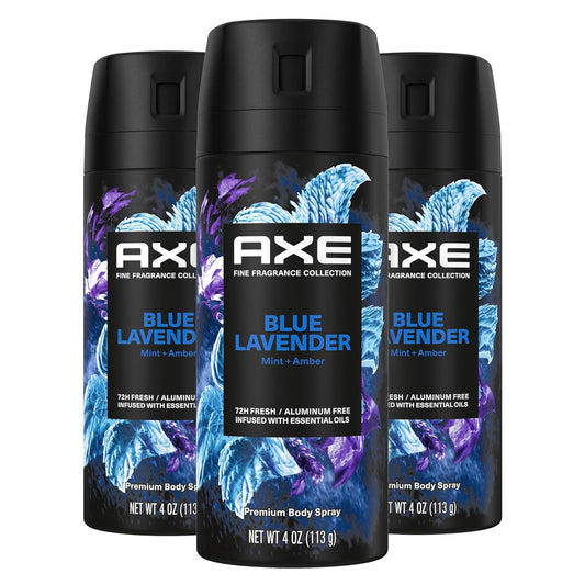 AXE Fine Fragrance Collection Premium Deodorant Body Spray for Men Blue Lavender 3 Count with 72H Odor Protection and Freshness Infused with Lavender, Mint, and Amber Essential Oils 4 oz