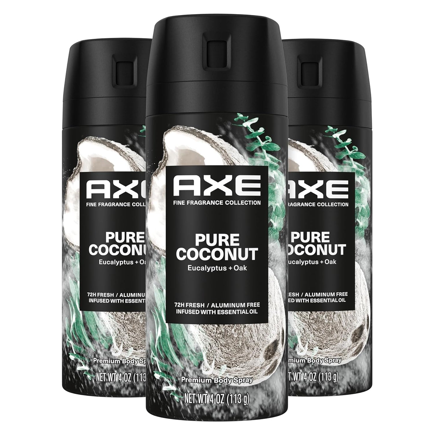 AXE Fine Fragrance Collection Premium Deodorant Body Spray for Men Pure Coconut 3 Count with 72H Odor Protection and Freshness Infused with Coconut, Eucalyptus, and Oak Essential Oils 4 oz