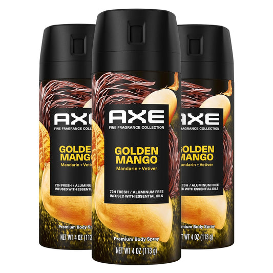 AXE Fine Fragrance Collection Premium Deodorant Body Spray for Men Golden Mango 3 Count With 72H Odor Protection and Freshness Infused with Mango, Mandarin, and Vetiver Essential Oils 4 oz
