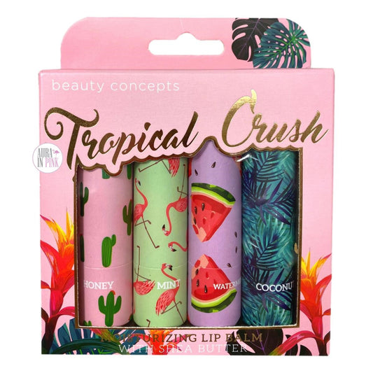 Beauty Concepts Tropical Crush Moisturizing Shea Butter Lip Balm Collection - Honey, Mint, Watermelon, Coconut