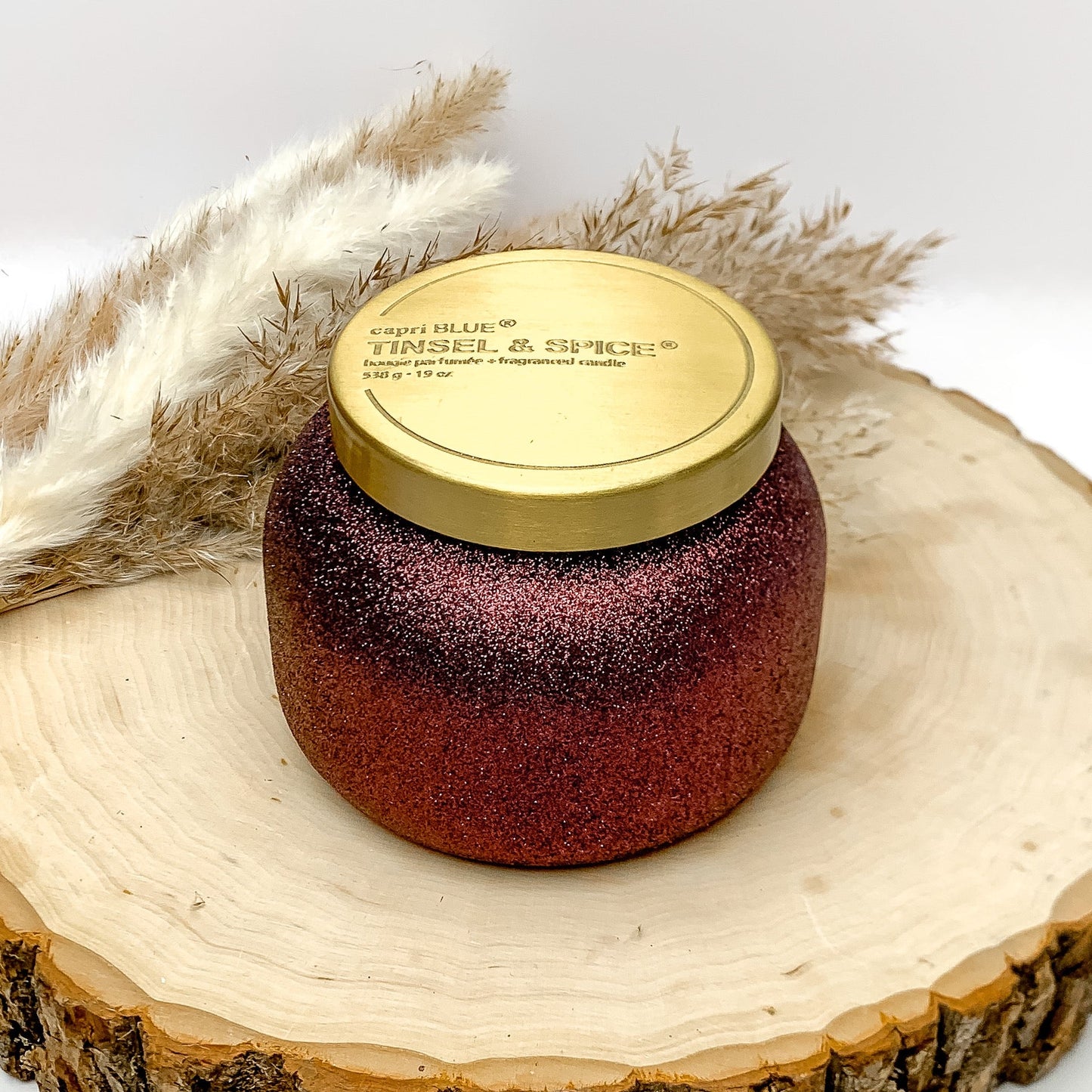 Capri Blue | 19 oz. Jar Candle in Maroon Glitter | Tinsel & Spice