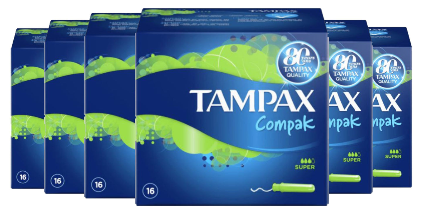 Tampax Compak Super -  16 Ct Each - 6 Pack