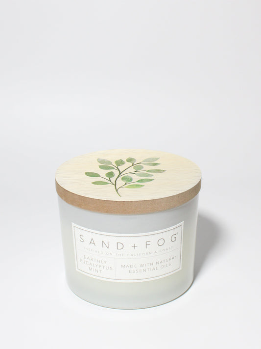 Earthly Eucalyptus Mint 12 oz scented candle White vessel with painted olive branch lid