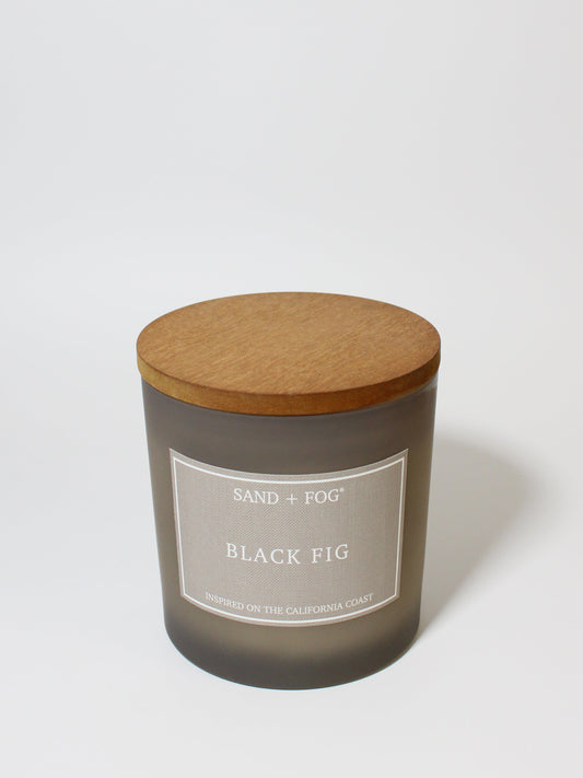 Black Fig 21 oz scented candle Gray vessel with solid wood lid
