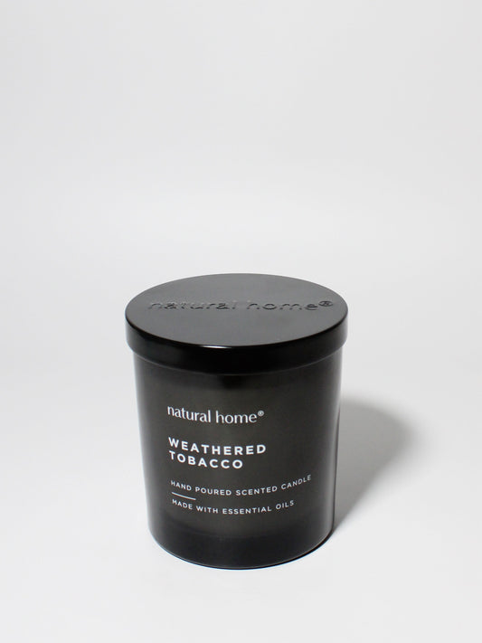 Weathered Tobacco Natural Home 11.5 oz scented candle Black vessel with metal lid