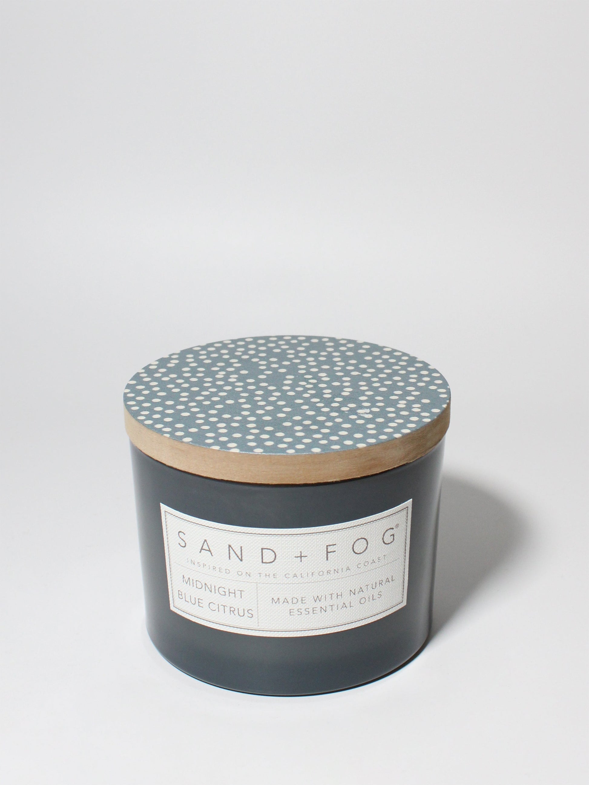 Midnight Blue Citrus 12 oz scented candle Blueish Gray vessel with Painted Dot lid