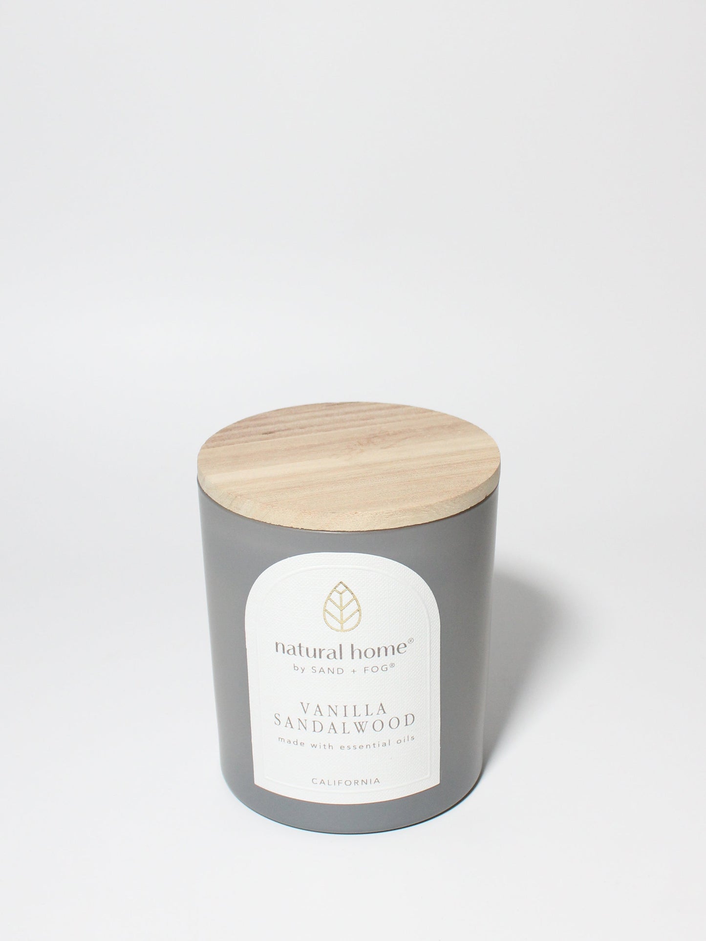 Vanilla Sandalwood Natural Home 11.5 oz scented candle Light grey vessel with solid wood lid