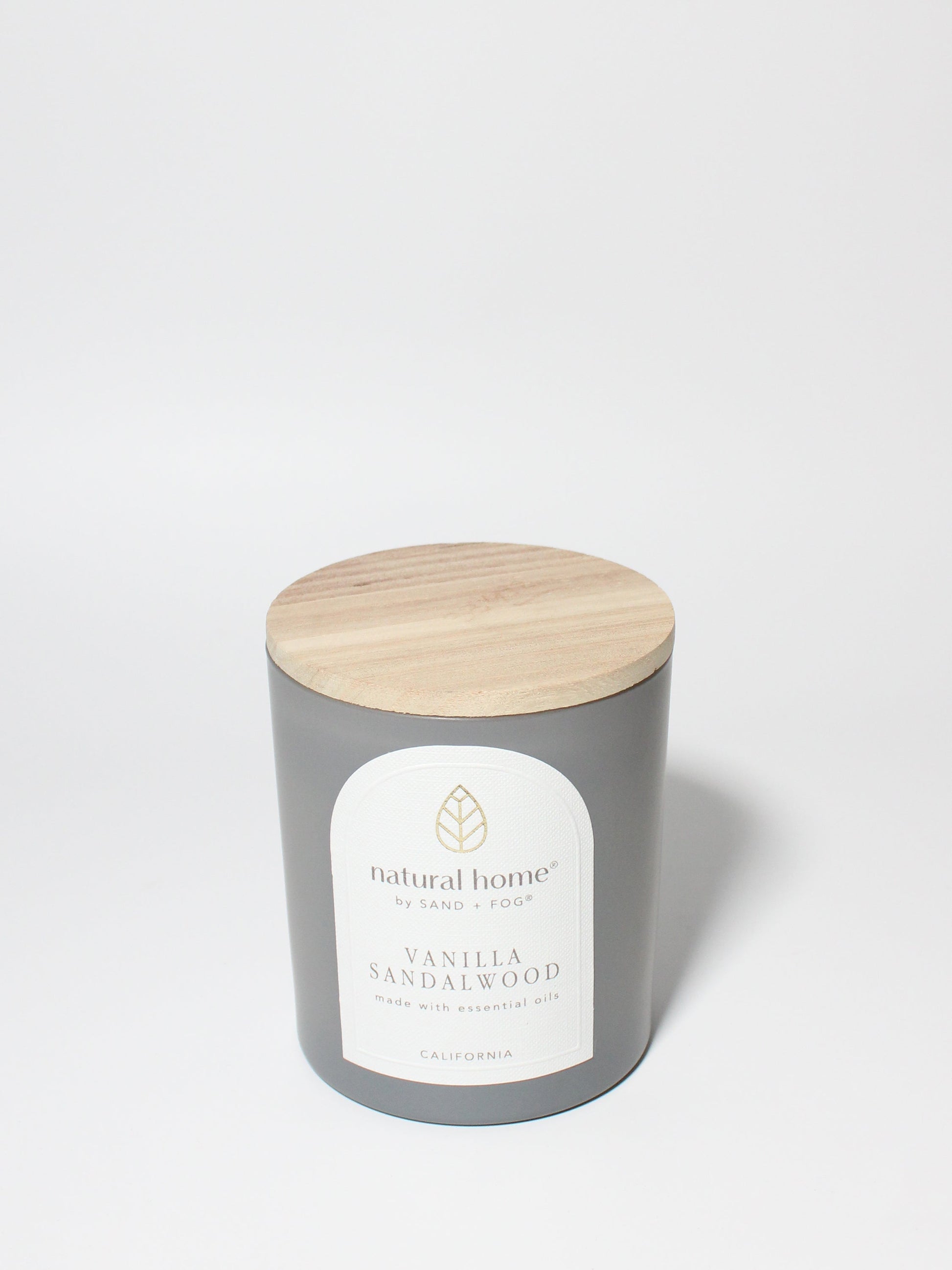 Vanilla Sandalwood Natural Home 11.5 oz scented candle Light grey vessel with solid wood lid