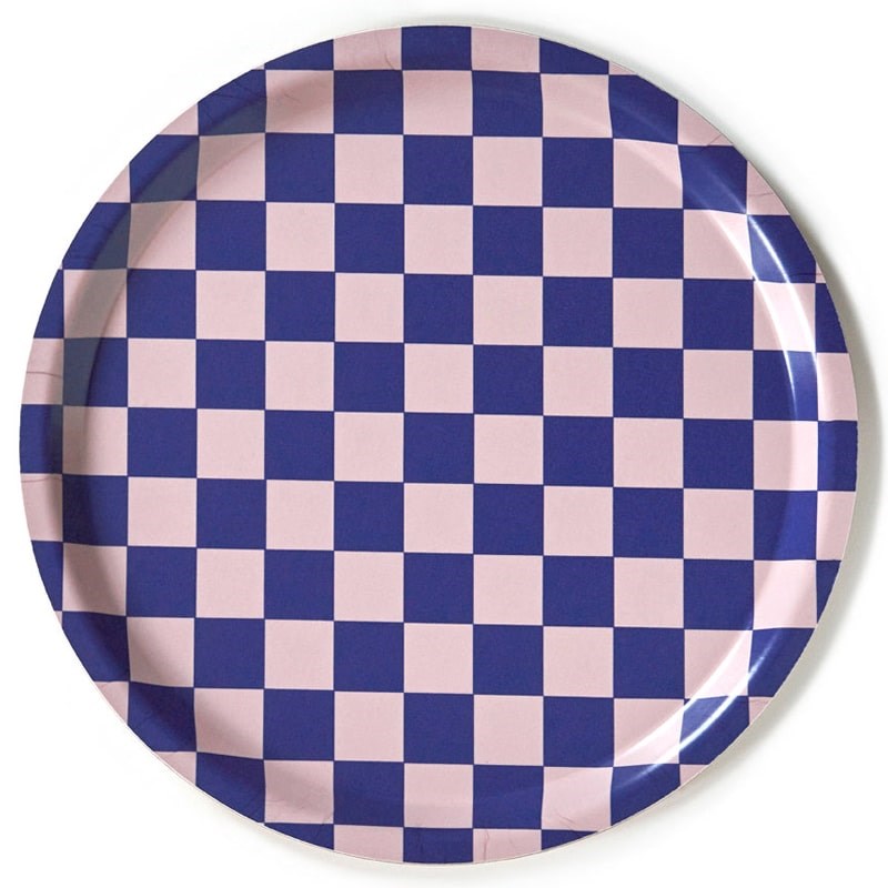 Round Checker Serving Tray - Indigo/Almond
