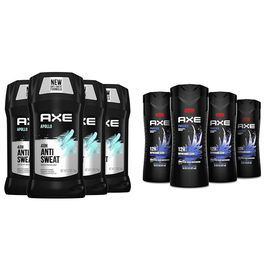 AXE Apollo Antiperspirant Deodorant Stick For Men Sage & Cedarwood 48 Hr Anti Sweat Mens Deodorant & Body Wash Phoenix 4 Count 12h Refreshing Scent Crushed Mint & Rosemary Men's Body Wash