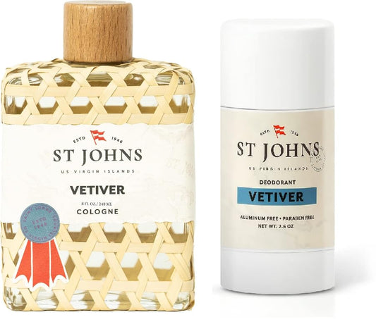 St Johns Vetiver Aluminum Free Deodorant | Clear Deodorant 2.6 oz Stick and Classic Vetiver Cologne | New Virgin Islands Inspired Fresh Cologne Scent