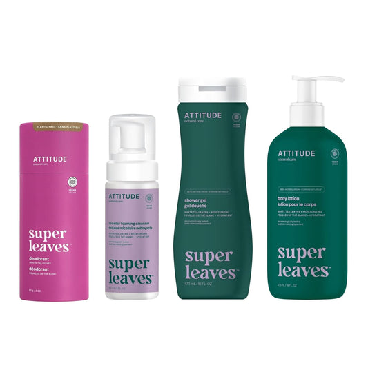 Bundle of ATTITUDE Plastic-Free Deodorant, Micellar Foaming Facial Cleanser, Body Wash and Body Lotion, EWG Verified, Dermatologically Tested, Vegan, White Tea Leaves