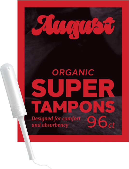August Organic Cotton Tampons, Super tampons, BPA Free Long Applicators, Non-Toxic Organic tampons, Fragrance-Free, Chlorine-Free, Hypoallergenic, 96 Count (6 Boxes of 16 tampons)