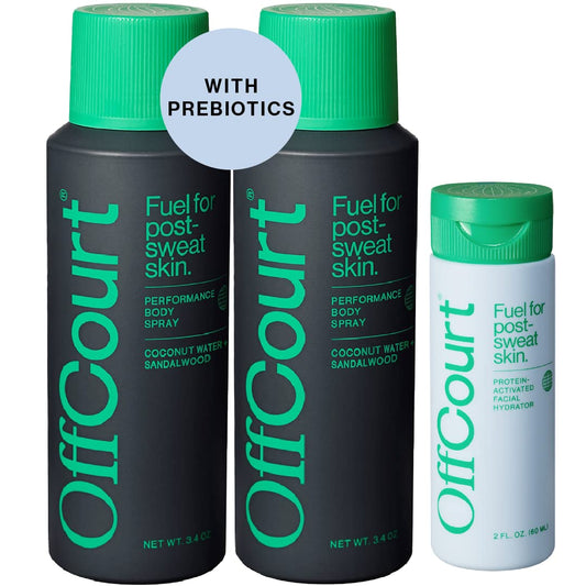 OffCourt Aluminum-Free Deodorant Body Spray - Multi-Scent Pack with Sandalwood (2pk) and Facial Moisturizer for Men - Light, Non-Greasy, Oil-Free for Hydration and Firmness
