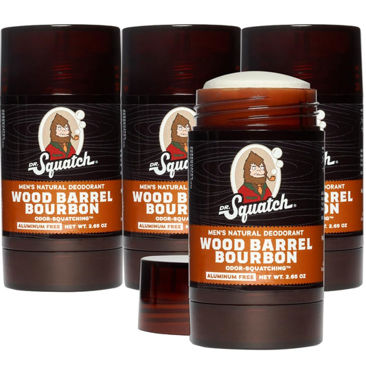 Dr. Squatch Natural Deodorant for Men 4 Pack Wood Barrel Bourbon – Odor-Squatching Men's Deodorant Aluminum-Free - Odor Protection Men's Deodorant
