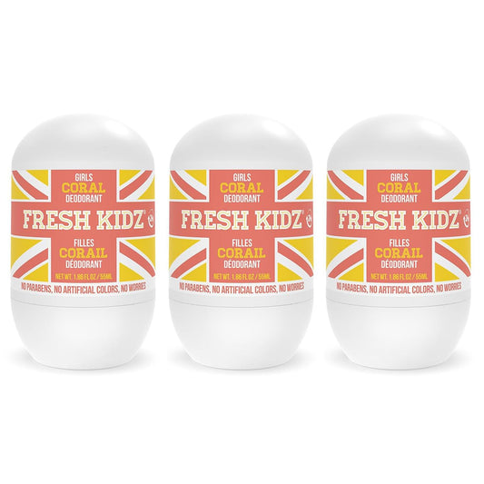 Fresh Kidz Roll On Deodorant for Kids and Teens - Baking Soda and Aluminum-free 24 Hour Protection for Sensitive Skin - Girls "Coral" 1.86 fl.oz. (3 Pack)