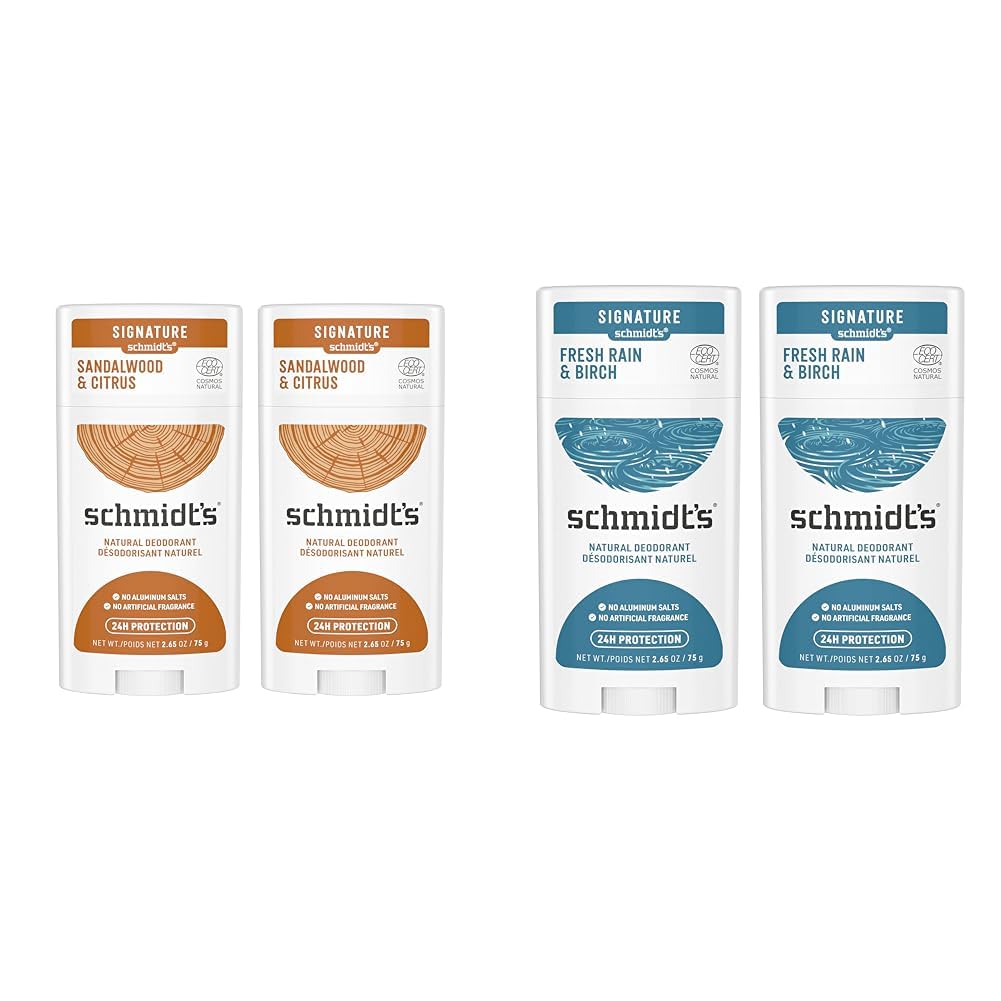 Schmidt's Aluminum Free Natural Deodorant for Women and Men, Sandalwood and Citrus & 100% Natural Origin Ingredient Deodorant Stick Fresh Rain & Birch 2 Count