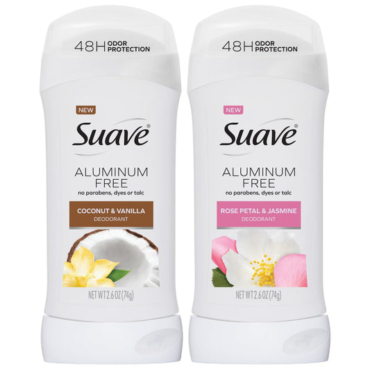 Suave Aluminum-Free Deodorant Variety 2-Pack – Coconut & Vanilla + Rose Petal & Jasmine, 48H Odor Protection, Free of Parabens, Dyes & Talc, 2.7 Oz Ea