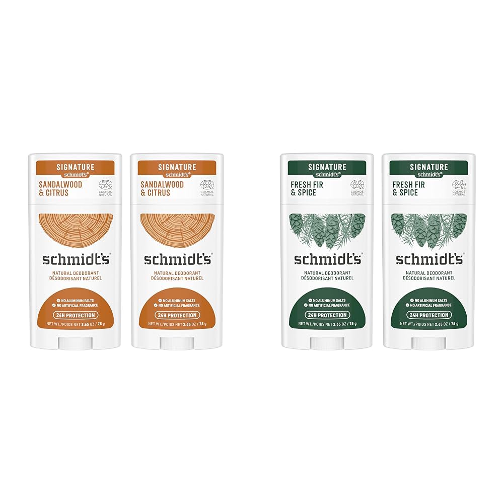 Schmidt's Aluminum Free Natural Deodorant for Women and Men, Sandalwood and Citrus & Aluminum Free Natural Deodorant Fresh Fir & Spice 2-pk for Women and Men