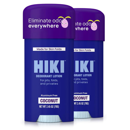 HIKI Whole Body Deodorant Cream for Skin Folds, Body Rolls + Private Parts Deodorant. Aluminum-Free, Talc Free, & Designed For Sensitive Skin (Coconut - 2 Pack)